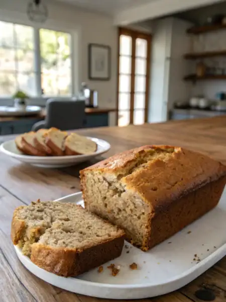 4 ingredient banana bread loaf on plate, moist interior revealed, whole bananas, staged kitchen scene on wooden table.