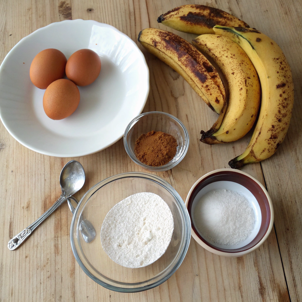 4 ingredient banana bread ingredients flat lay photo showing ripe bananas, eggs, flour, brown sugar neatly arranged on rustic wooden table.