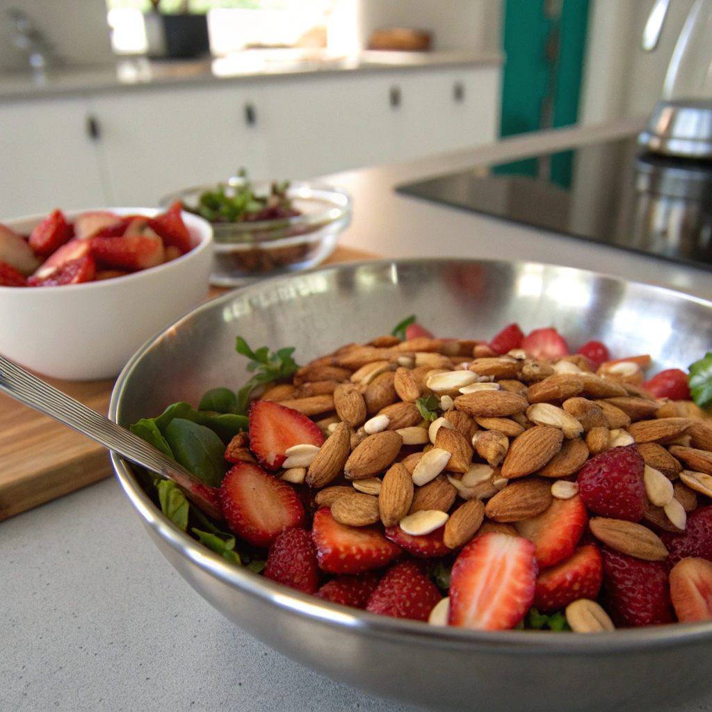 Almond strawberry salad with toasted almonds in skillet, raw almonds in bowl, set in bright kitchen creating inviting atmosphere.