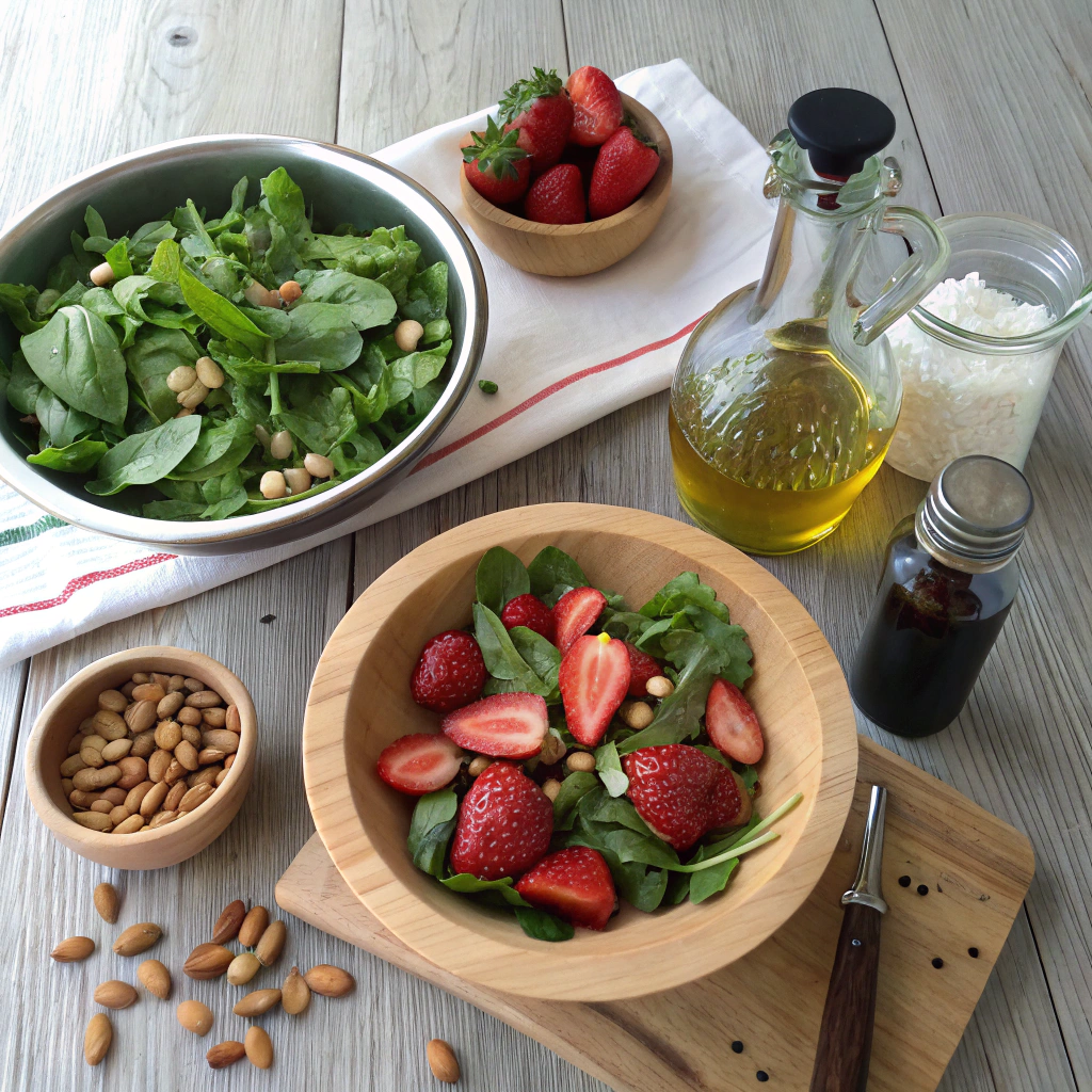 Almond strawberry salad ingredients flat lay showing fresh greens, strawberries, almonds, basil, balsamic, honey, olive oil, salt and pepper arranged neatly.