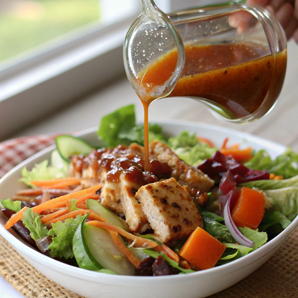 Asian Sesame Chicken Salad photo: Dressing drizzled over fresh veggies, capturing glossy amber texture mid-pour from pitcher.