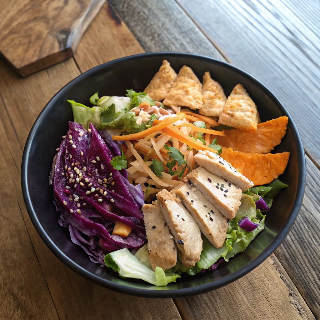 Asian Sesame Chicken Salad: layered cabbage, lettuce, carrots, chicken, sesame seeds in black bowl with wontons on rustic table.