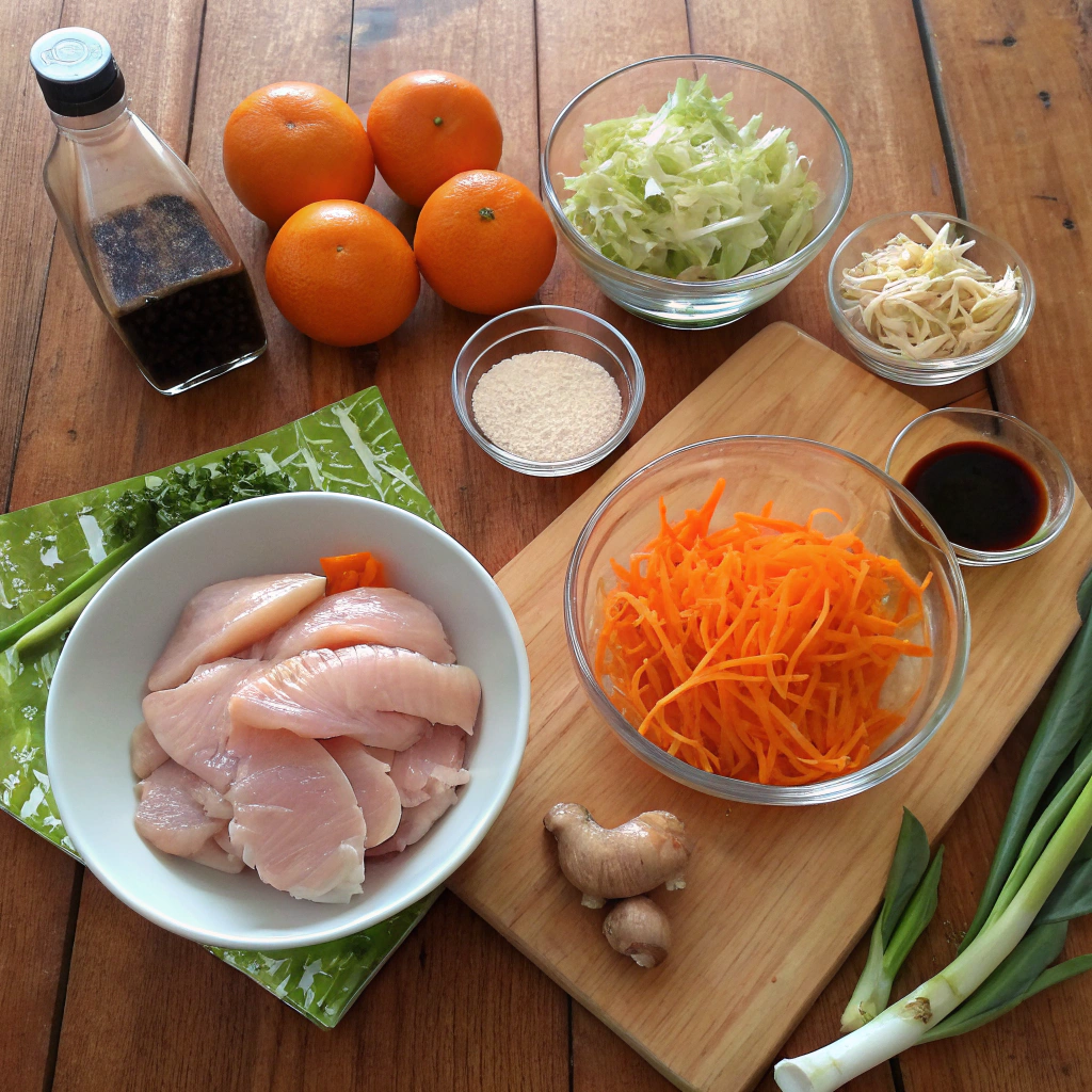 Asian Sesame Chicken Salad ingredients flat lay: raw chicken, veggies, sauces, garnishes stylishly arranged on rustic wooden table.