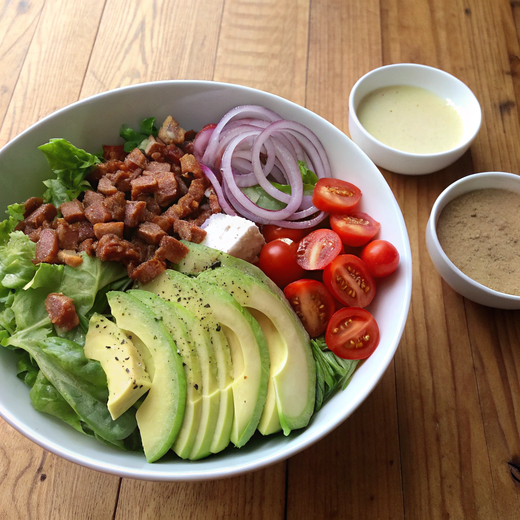 Overhead shot of Avocado BLT Salad featuring fresh romaine, tomatoes, avocado, red onion, bacon in white bowl. Drool-worthy presentation.