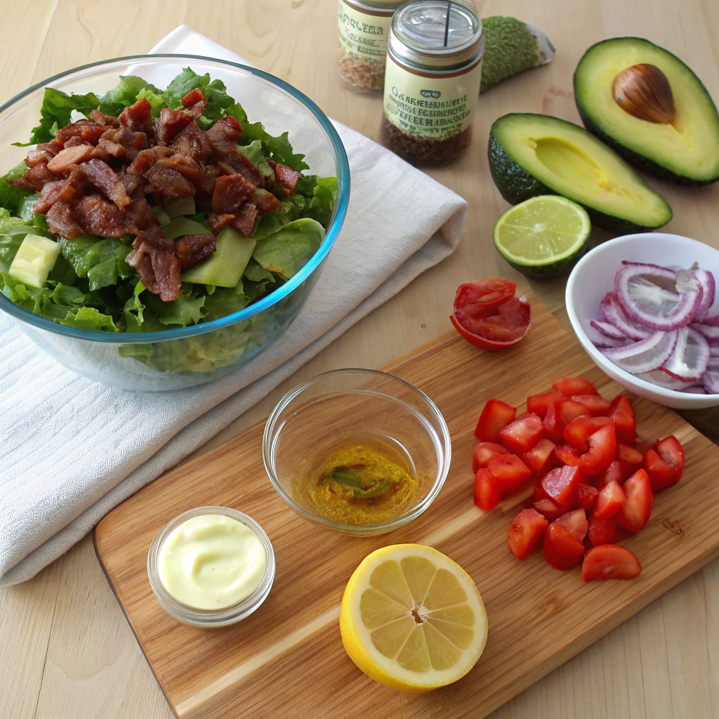 Avocado BLT Salad ingredients flat lay with bacon, lettuce, tomatoes, avocados, onions, lemon wedges, and dressing components beautifully arranged.