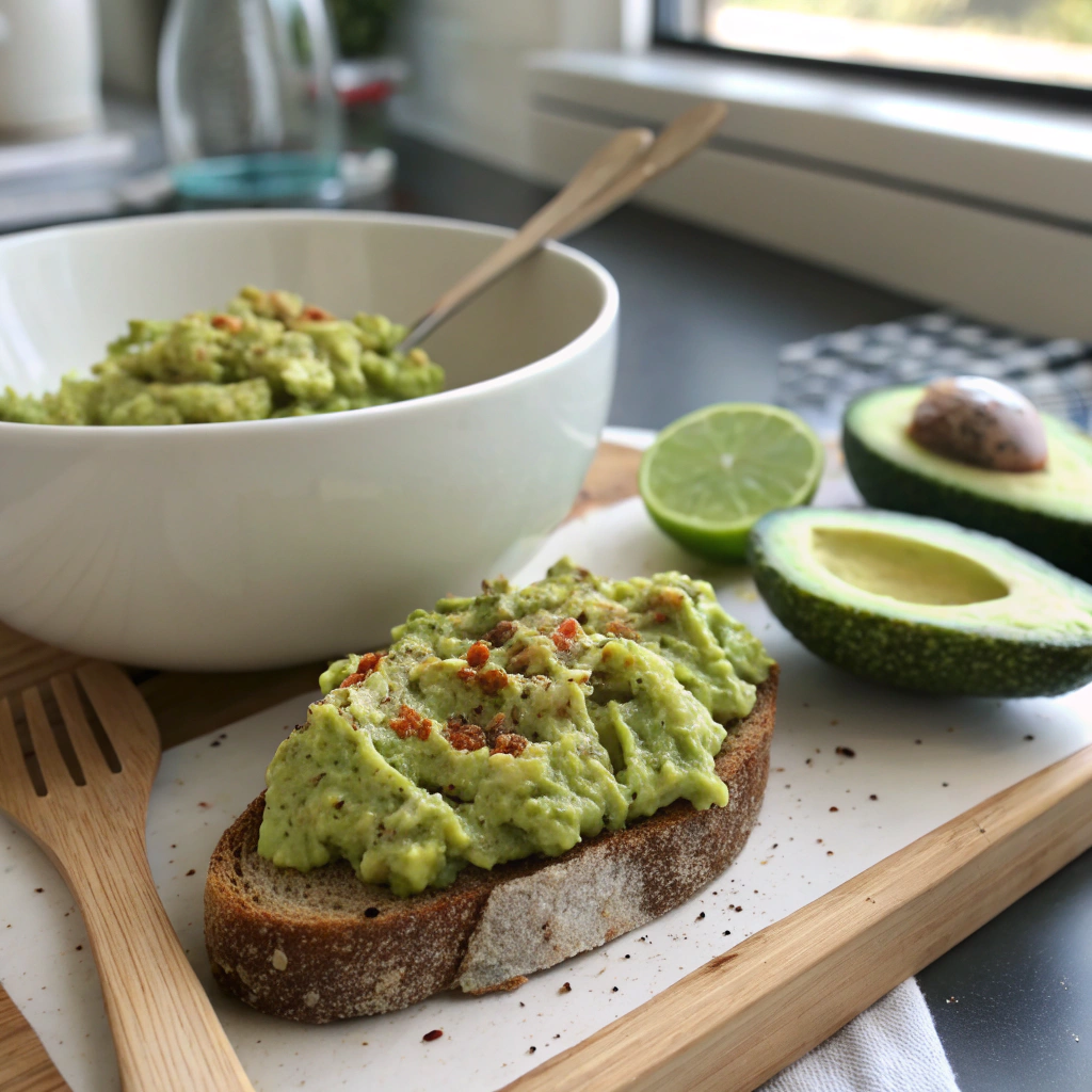 Avocado toast mashed avocado mixture in bowl with lime, showing chunky texture. Wooden fork beside inviting bright scene.