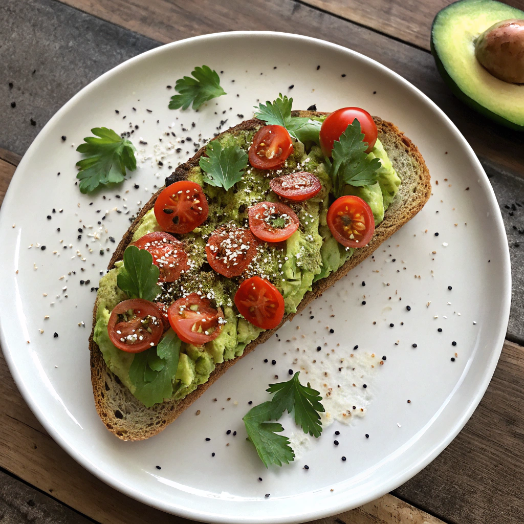 Avocado toast topped with cherry tomatoes, cilantro, and seasoning in an overhead shot capturing textures and natural light.