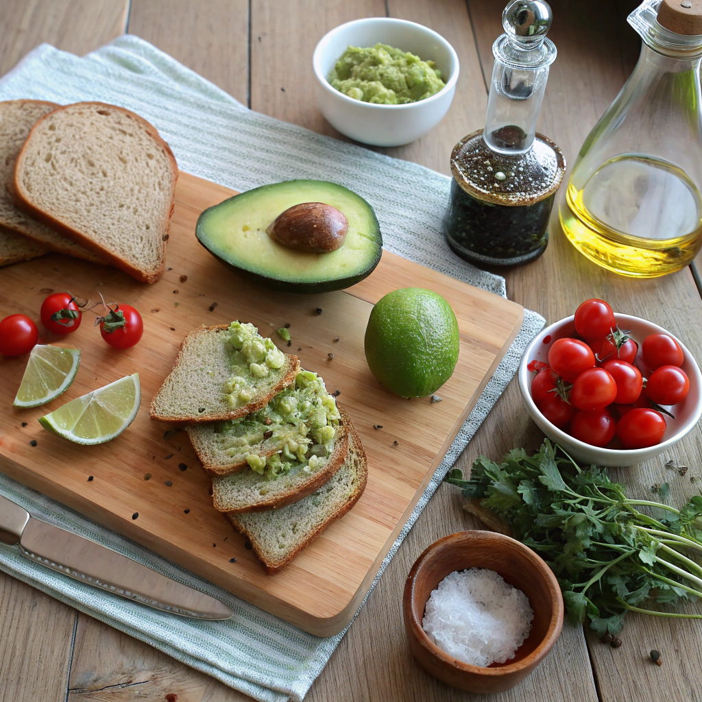 Avocado toast ingredients flat lay: sourdough, avocado, lime, herbs. Organized prep for delicious breakfast or snack.