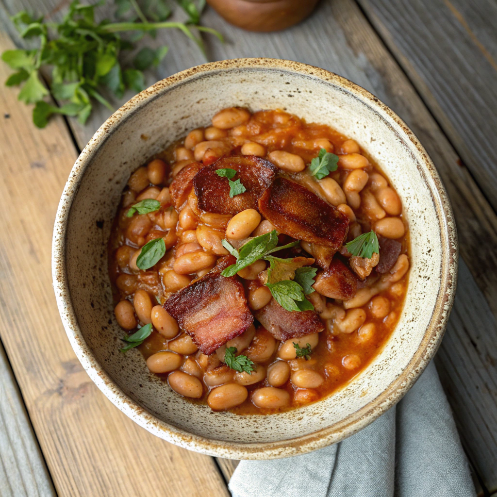 Baked beans recipe with bacon and parsley, overhead shot of thick bean sauce in ceramic bowl.