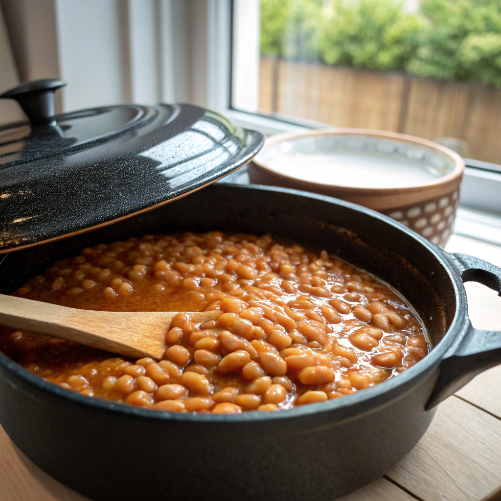 Baked beans recipe, navy beans in rich tomato sauce, macro shot of tender bean bursting with savory flavor.