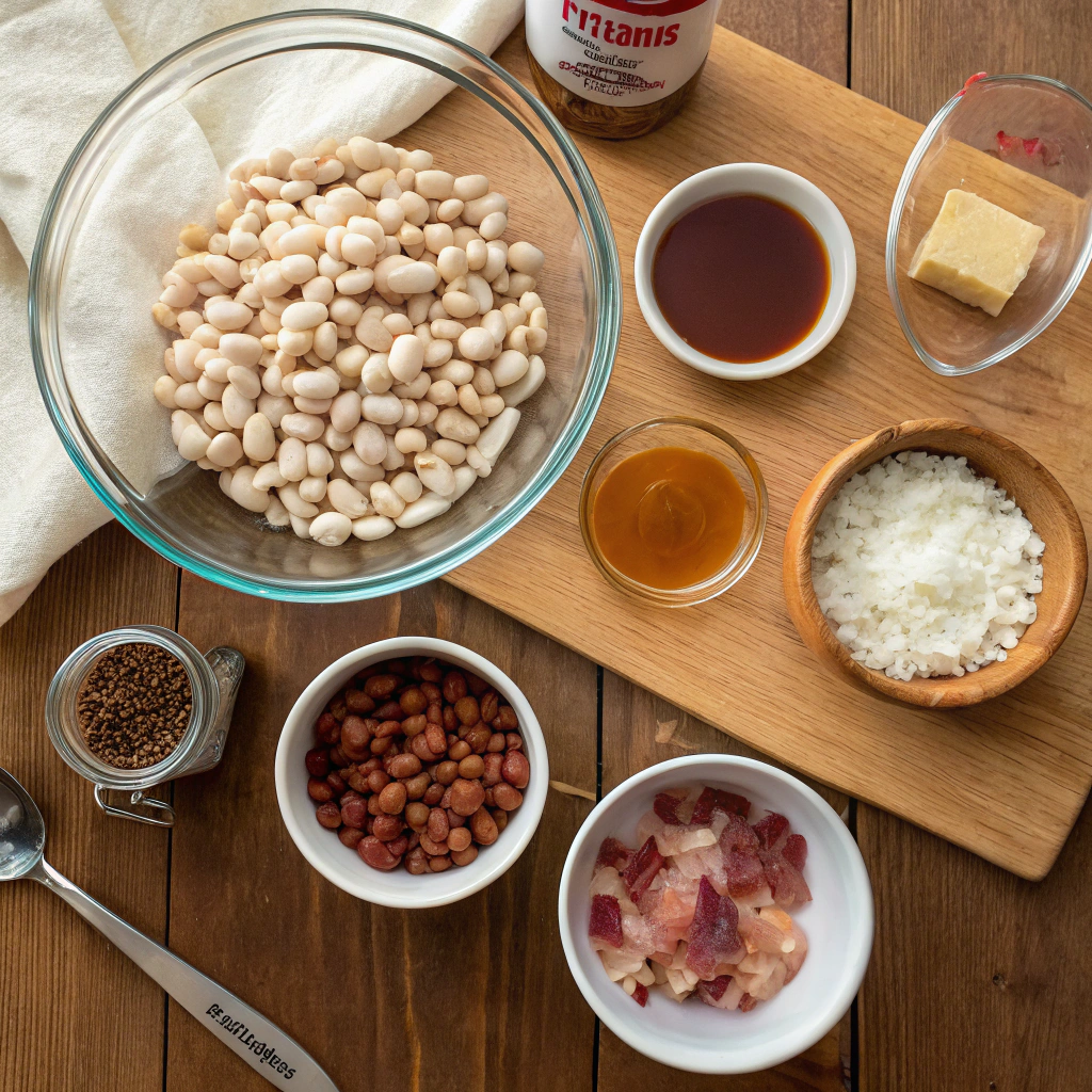 Baked beans recipe with navy beans, bacon, onions, garlic, molasses, brown sugar, spices and other ingredients laid out neatly for cooking.