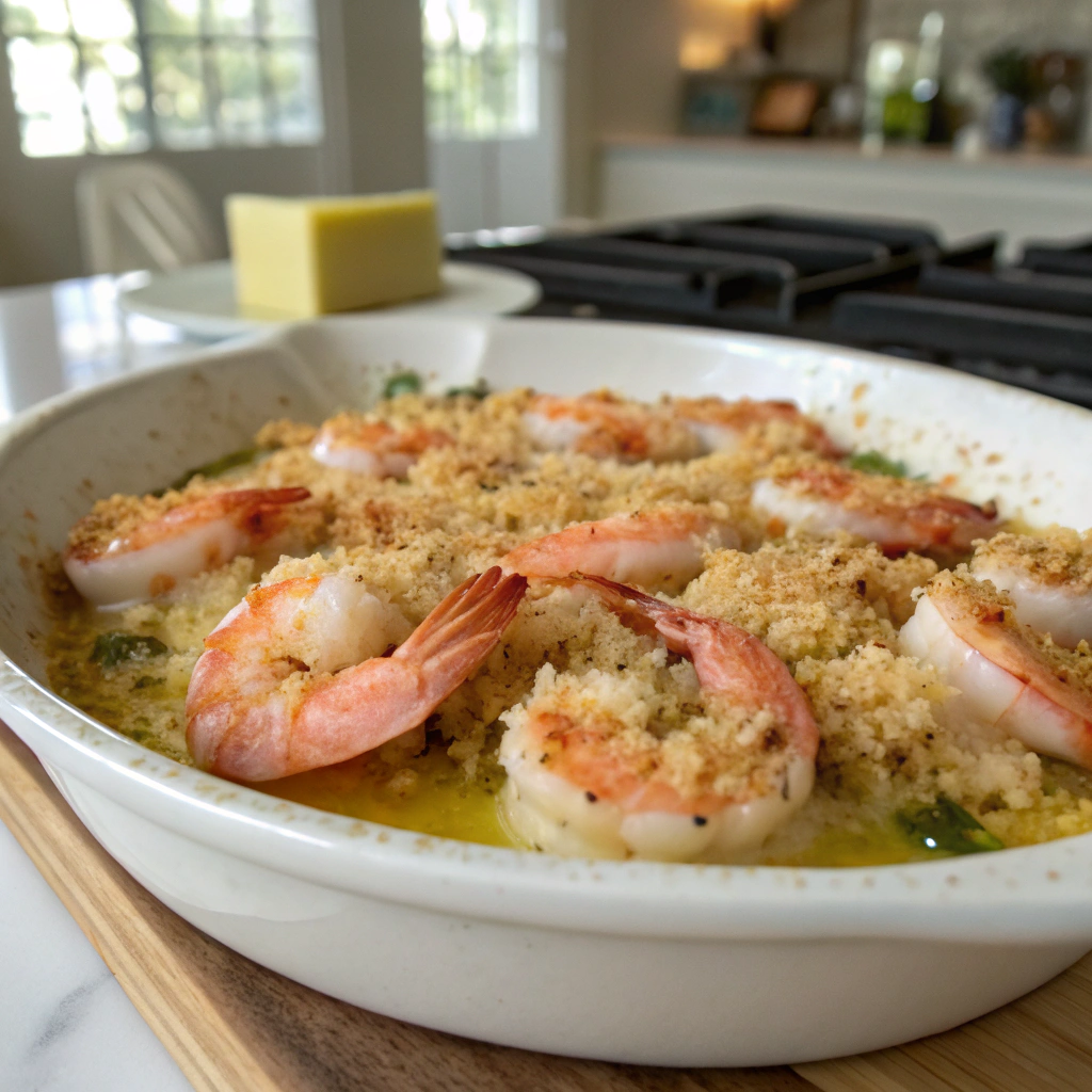 Baked shrimp scampi with golden crumb topping, sizzling butter, plump pink shrimp on crispy breadcrumbs. Appetizing plated food photo.