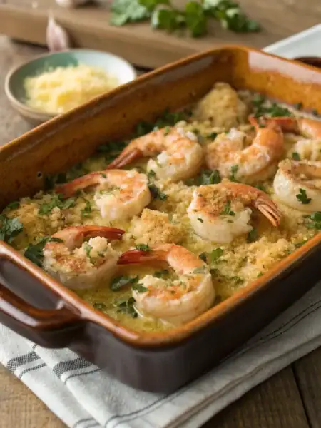 Baked shrimp scampi in bubbly garlic butter, topped with golden breadcrumbs and parsley. Rustic wooden table setting in bright kitchen.