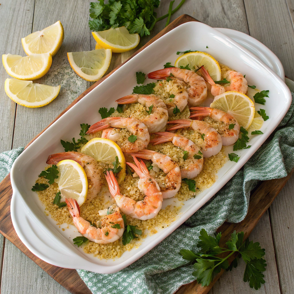 Baked shrimp scampi - pink shrimp arranged on golden breadcrumb topping, garlic butter sauce, parsley, lemon on rustic table.