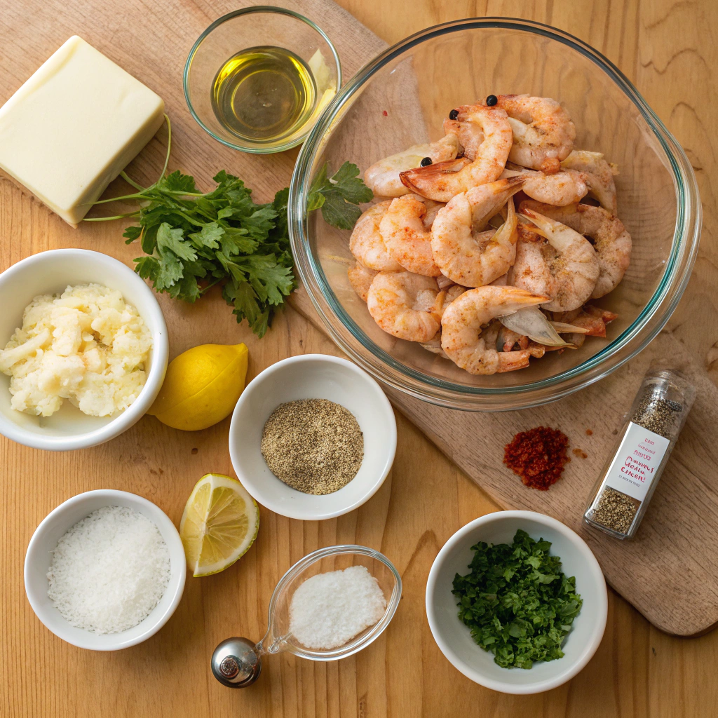 Baked shrimp scampi ingredients: shrimp, butter, garlic, wine, parsley, lemon, spices, breadcrumbs, Parmesan arranged on rustic wooden table.