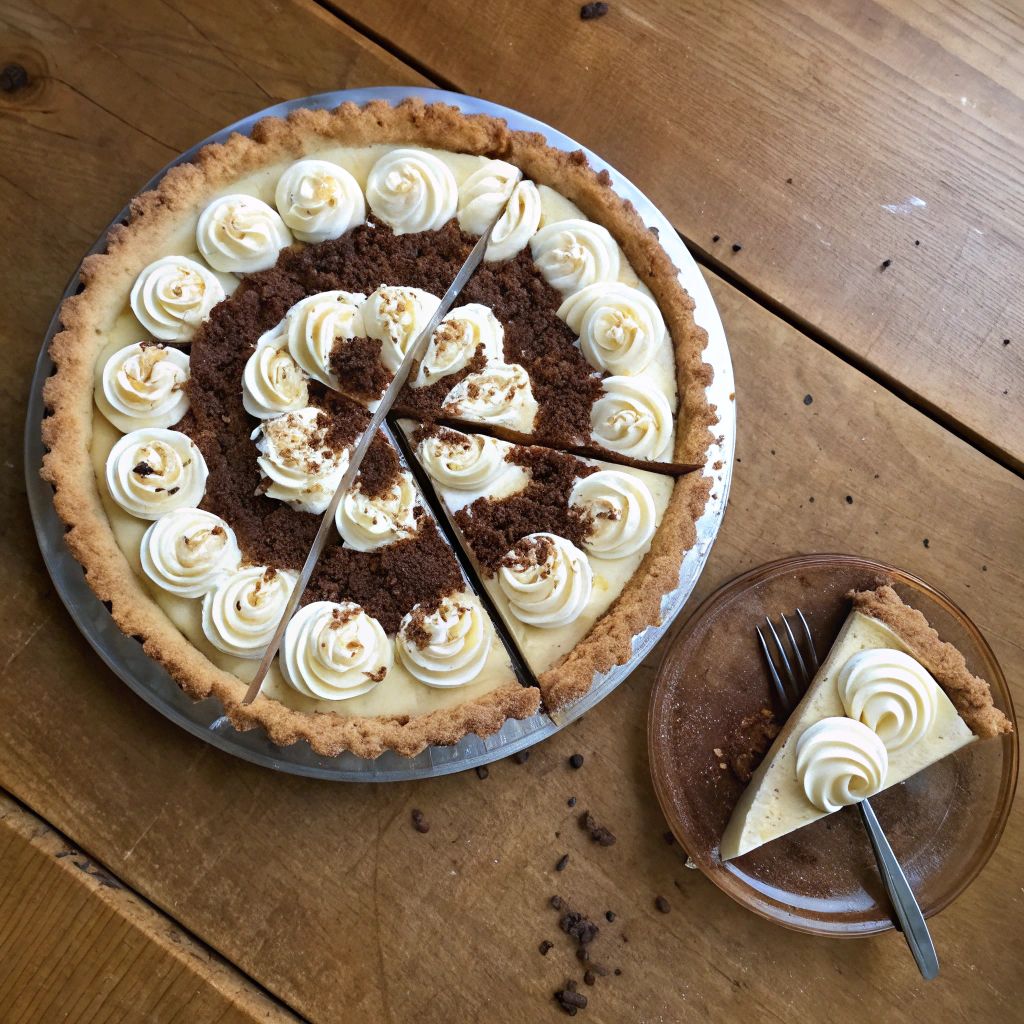 Banoffee pie with cream rosettes, chocolate spiral, homemade crust showcasing layers of biscuit, dulce de leche and whipped cream.