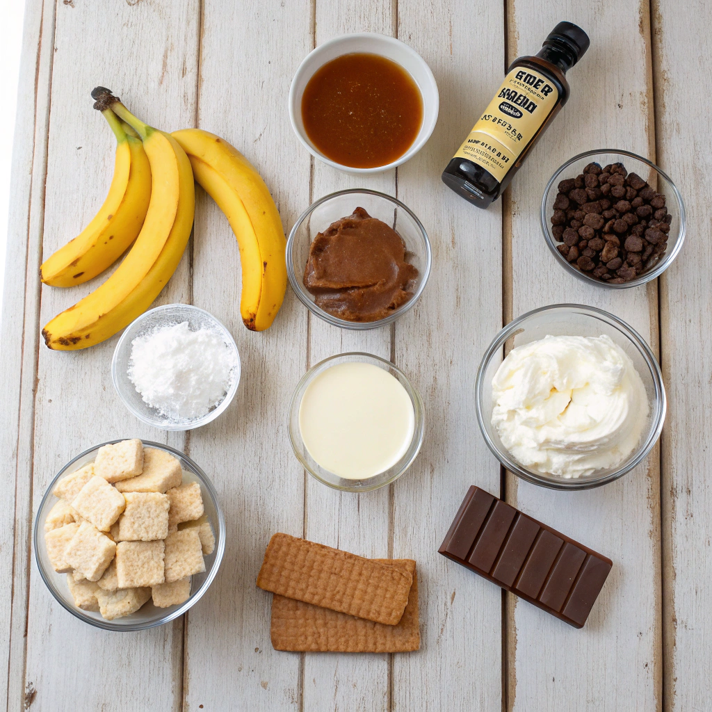 Banoffee pie ingredients - graham crackers, butter, sugar, dulce de leche, bananas, cream, powdered sugar, vanilla, chocolate arranged neatly.