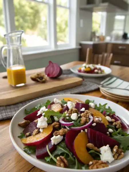 Beet salad recipe with beets, goat cheese, walnuts over greens drizzled with honey vinaigrette in rustic setting.