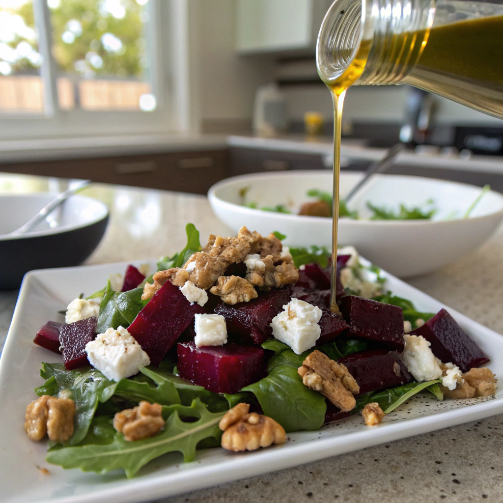 Beet salad recipe with beets, goat cheese, walnuts, layered beautifully in action.