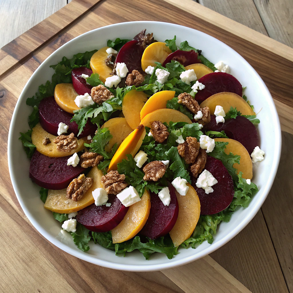 Beet salad recipe with red and golden beets, greens, goat cheese, walnuts in an overhead shot