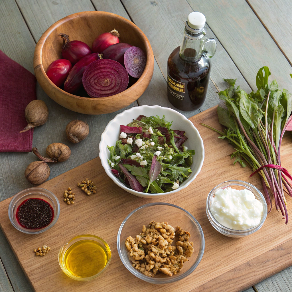 Beet salad recipe ingredients flat lay: fresh beets, greens, cheese, nuts, arranged beautifully.