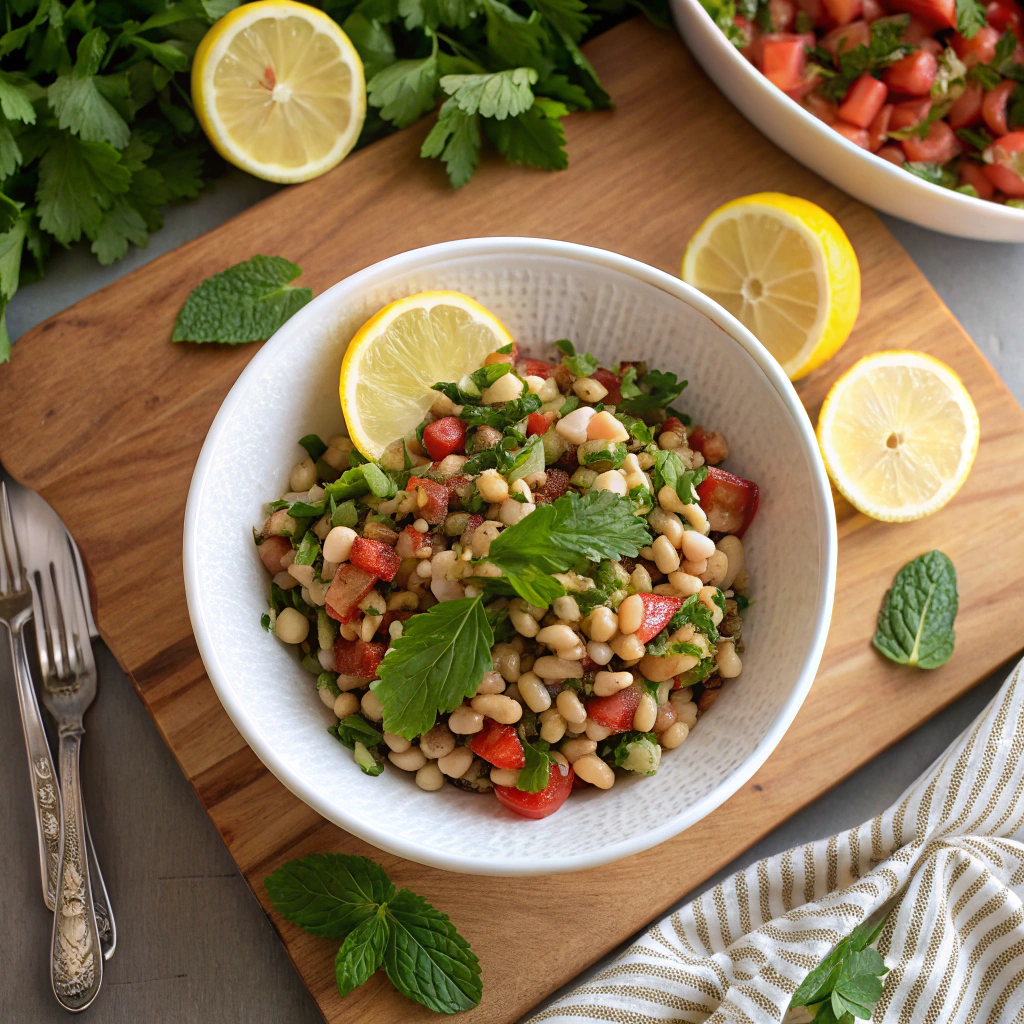 Black eyed pea salad with mint, parsley, lemon in white bowl - overhead photo of colorful veggie bowl garnished.