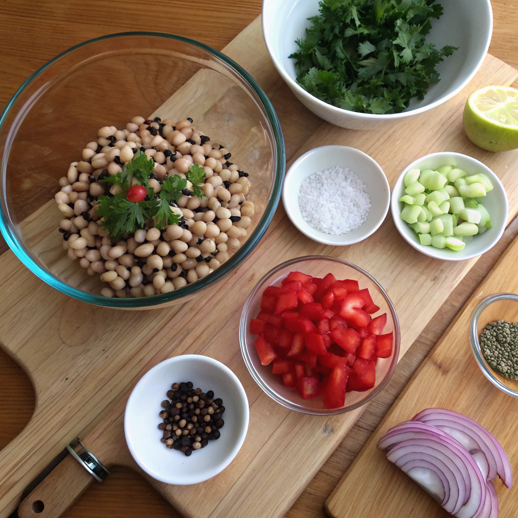 Black Eyed Pea Salad ingredient prep: peas, veggies, herbs, dressing arranged in rustic flat lay kitchen scene.