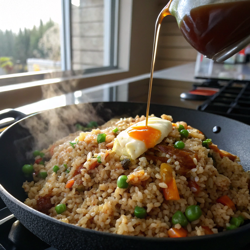 Blackstone fried rice with eggs and scallions, glossy melted butter sauce drizzling over steaming rice mixture