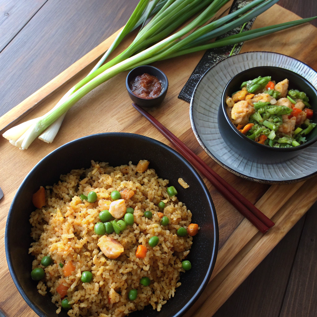 Blackstone fried rice with vegetables and scrambled eggs, golden-brown rice in a rustic bowl and plate.