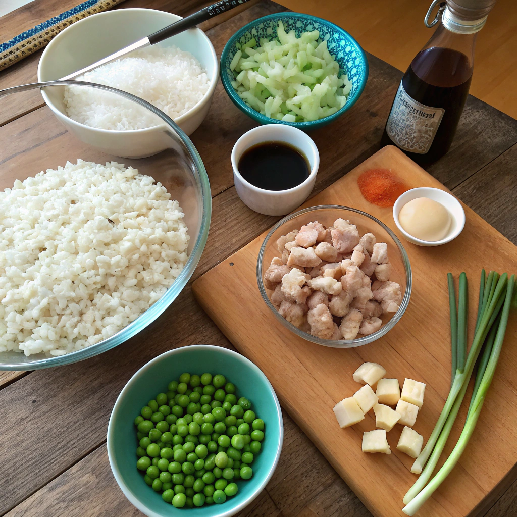 Blackstone fried rice ingredients including rice, chicken, eggs, veggies arranged for cooking