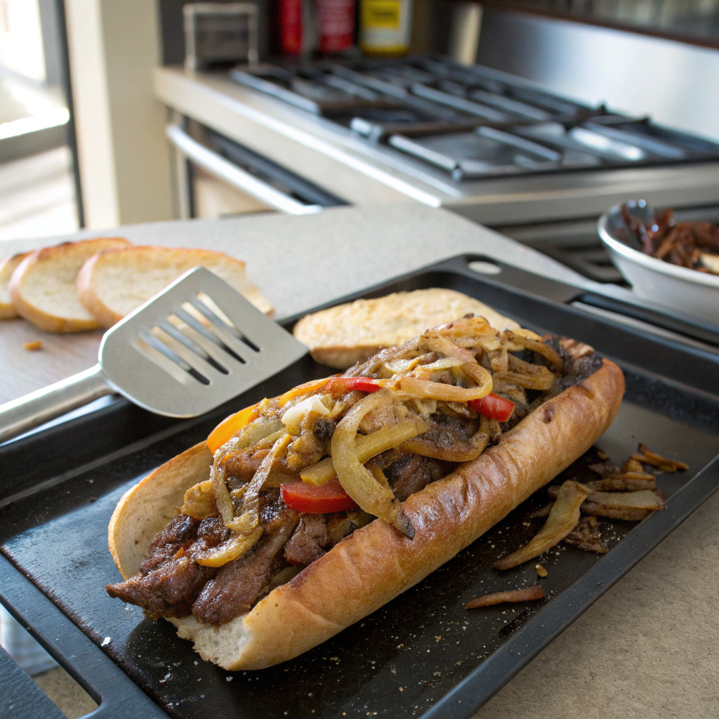 Blackstone philly cheesesteak onions peppers sizzling on griddle, golden-brown veggies cooking