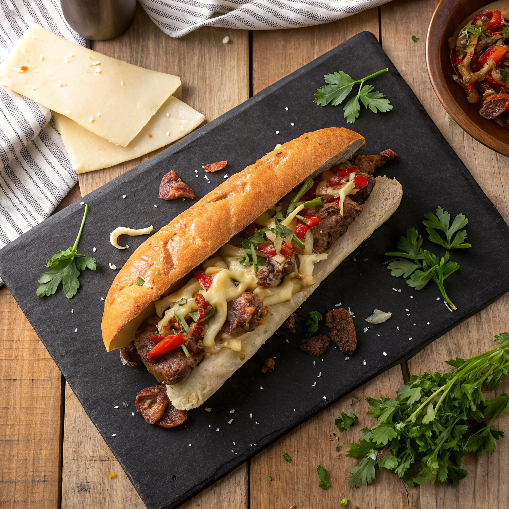 Blackstone philly cheesesteak with melted cheese and caramelized veggies, sliced diagonally revealing ribeye layers on slate board.