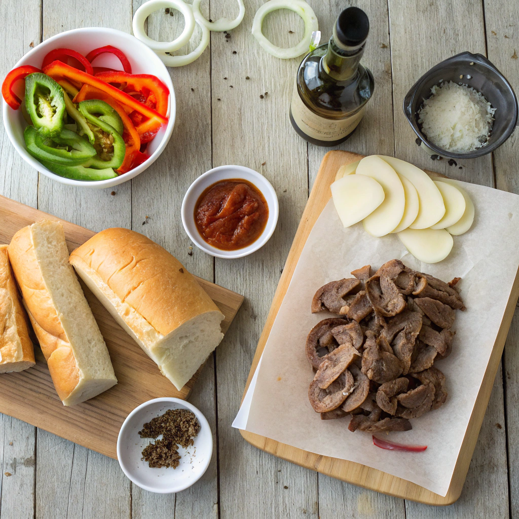 Blackstone philly cheesesteak with thinly sliced ribeye, onions, and peppers arranged for cooking on wooden table.