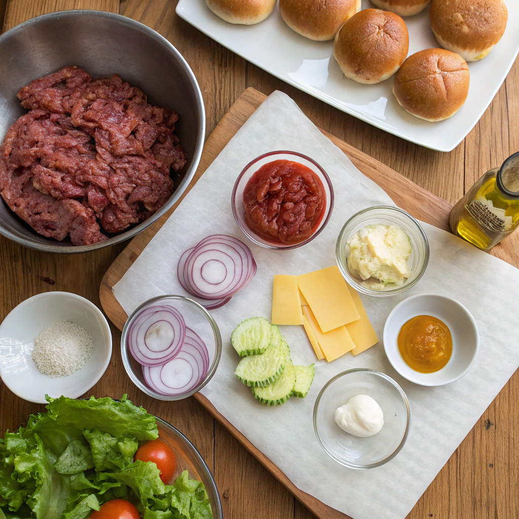 blackstone recipes​ beef balls, buns, cheese, sauces, veggies arranged for cooking