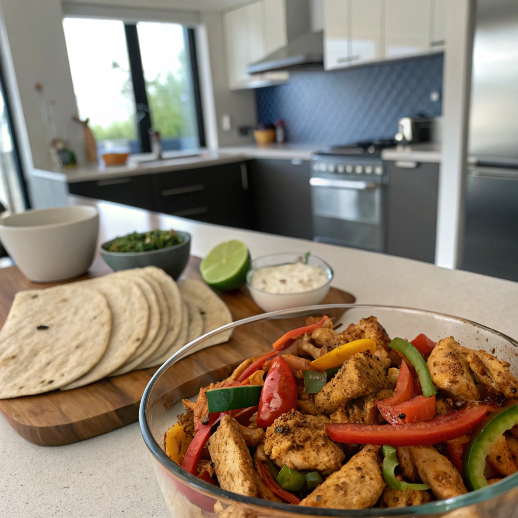 Blackstone recipes chicken fajita marinade, juicy chicken thighs soaking in a vibrant blend of peppers and spices on a modern kitchen countertop.