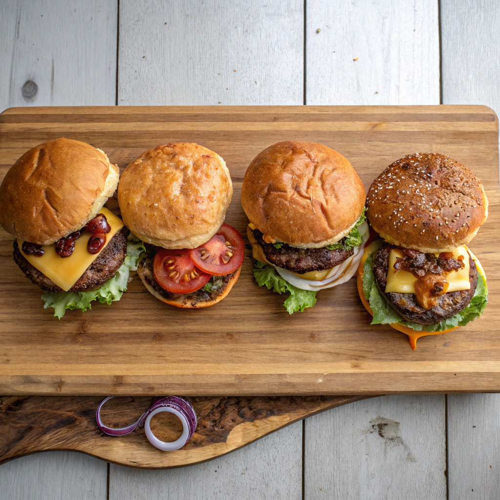 Blackstone recipes smash burgers, four patties showing build from bun to fully dressed with beef, cheese, veggies on wooden board