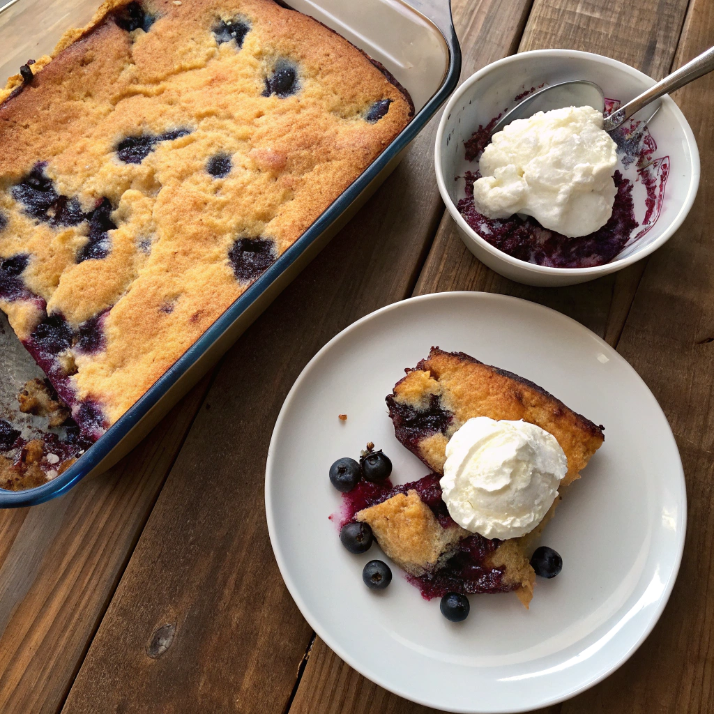 Overhead shot of Blueberry Dump Cake in baking dish, plated with whipped cream. Golden-brown buttery cake with bubbling blueberry sauce.