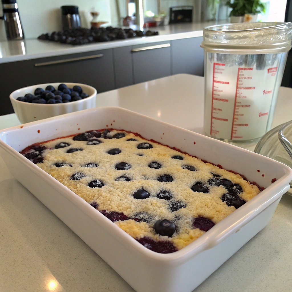 Blueberry dump cake close-up photo shows evenly distributed cake mix over blueberries, natural light highlights inviting composition.