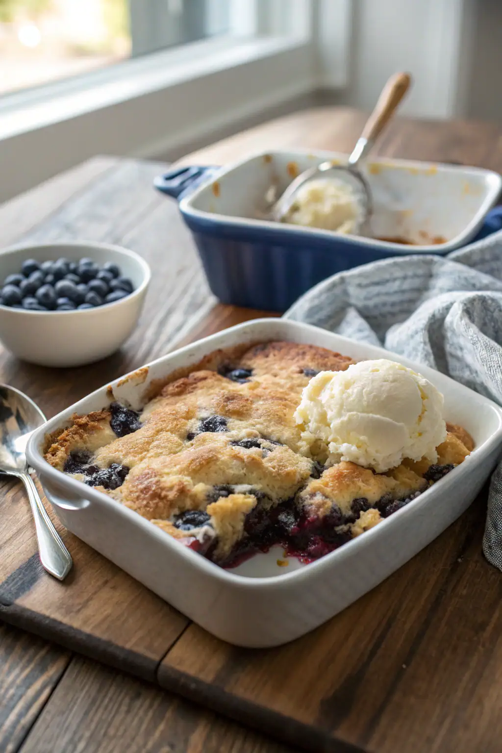 Blueberry Dump Cake photo: crusty golden top, bubbling blueberry filling, melting vanilla ice cream scoop, rustic wood table.