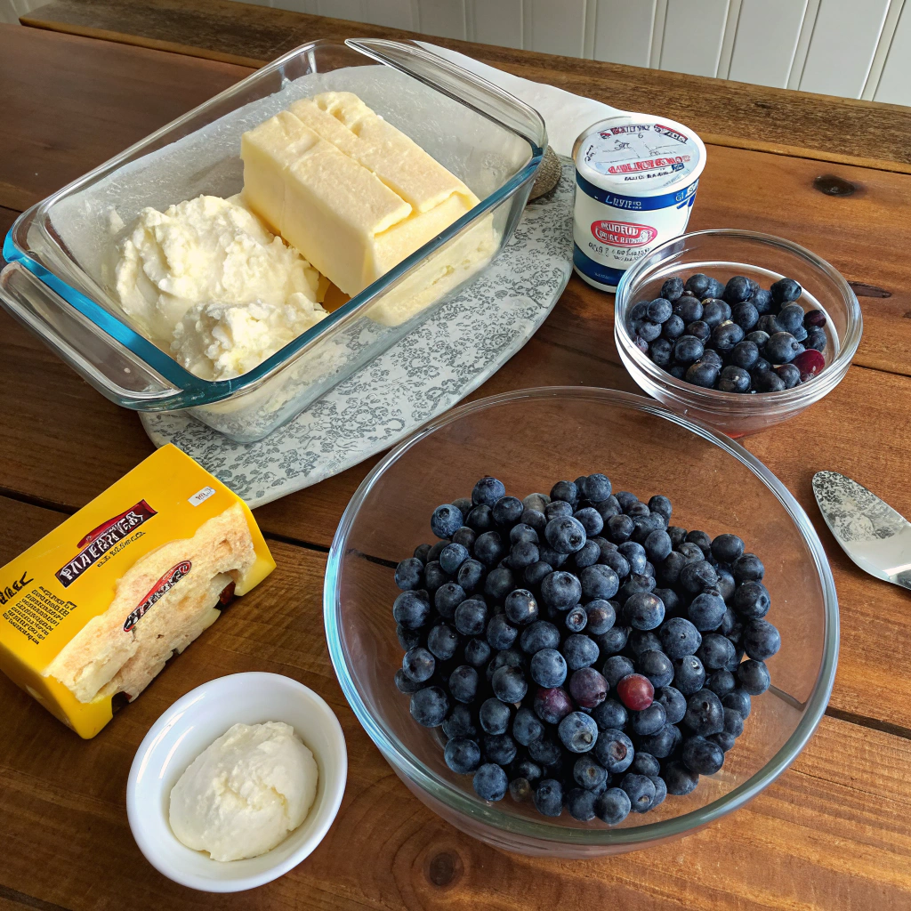 Blueberry Dump Cake ingredients: blueberries, cake mix, butter, ice cream arranged on rustic table with natural light.