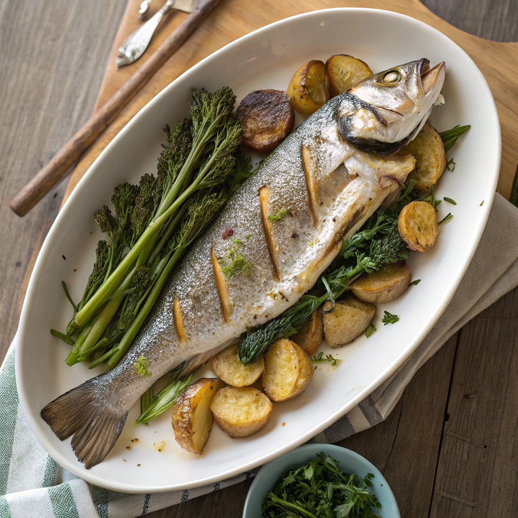 Branzino recipe with aromatic herbs, flaky white fish fillet on roasted potatoes and sautéed broccolini, vibrant capture.