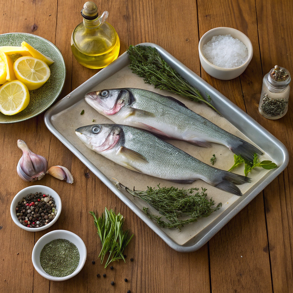 branzino recipe with whole fish, fresh herbs, lemon, garlic, olive oil. Rustic flatlay of Mediterranean ingredients on wooden table.