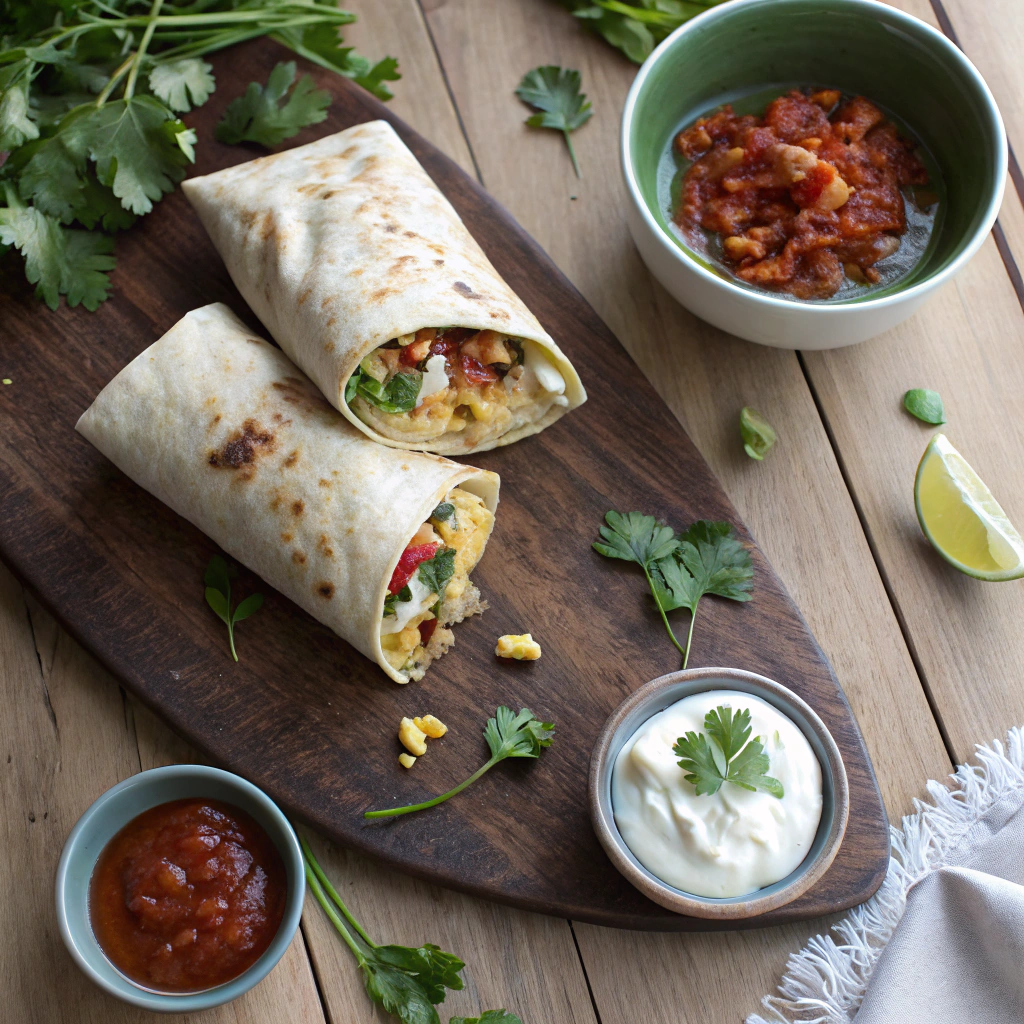 Breakfast burrito recipe with eggs, salsa, tortilla, presented overhead on rustic table with cilantro garnish.