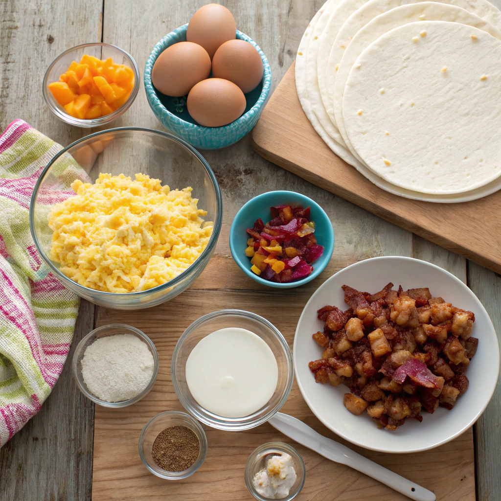 Breakfast burrito recipe ingredients flat lay: eggs, potatoes, bacon, cheese, veggies, tortillas, fresh and organized.