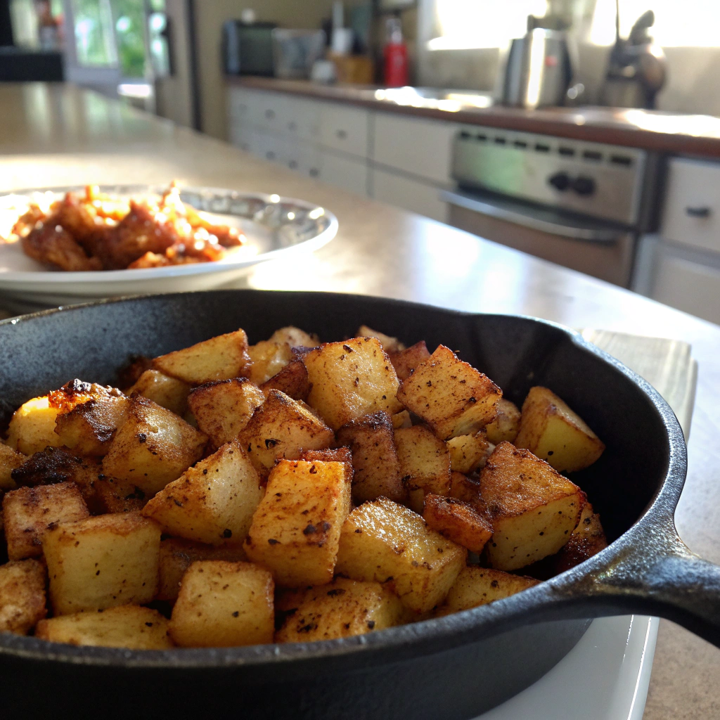 Breakfast burrito recipe crispy potato cubes in skillet, golden brown seasoned potatoes inviting morning meal