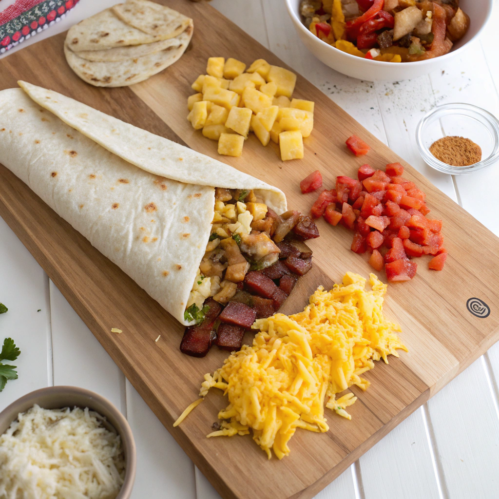 Overhead photo of breakfast burrito assembly: scrambled eggs, potatoes, cheese, bacon, veggies arranged on tortilla for rolling.