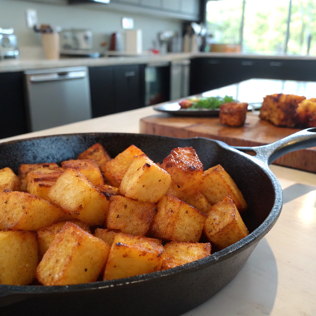 Breakfast burritos photo: crispy golden potato cubes with seasonings in cast iron skillet, set in bright kitchen atmosphere. Inviting breakfast burrito ingredients.