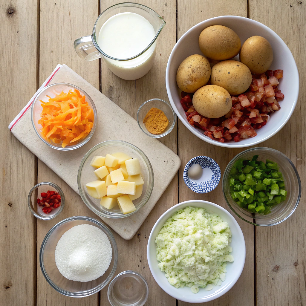 Breakfast burritos ingredients photo: eggs, tortillas, diced potatoes, bacon, cheddar, peppers, onions artfully arranged on rustic table.