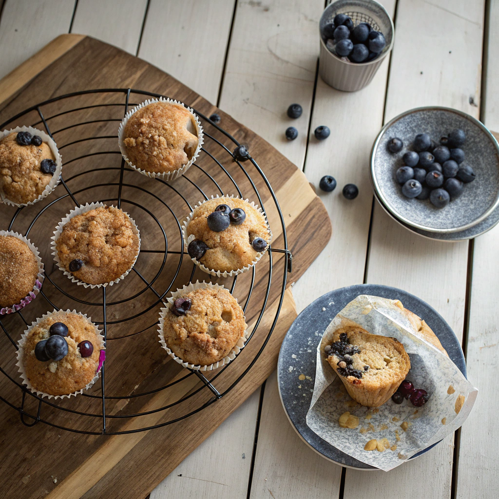 Breakfast muffins with blueberries and streusel topping, overhead shot showing moist interiors in rustic setting.