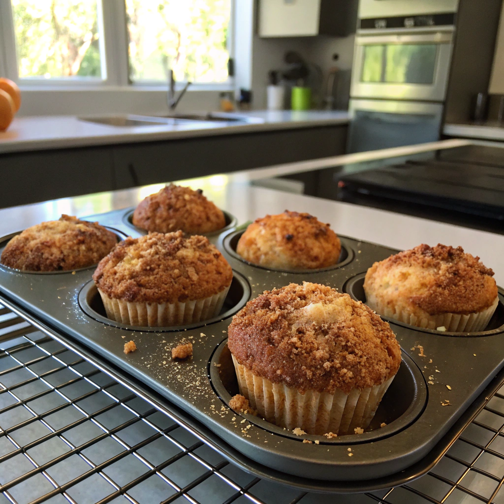 Breakfast muffins with melted streusel topping, freshly baked with golden brown domed tops in a modern kitchen.